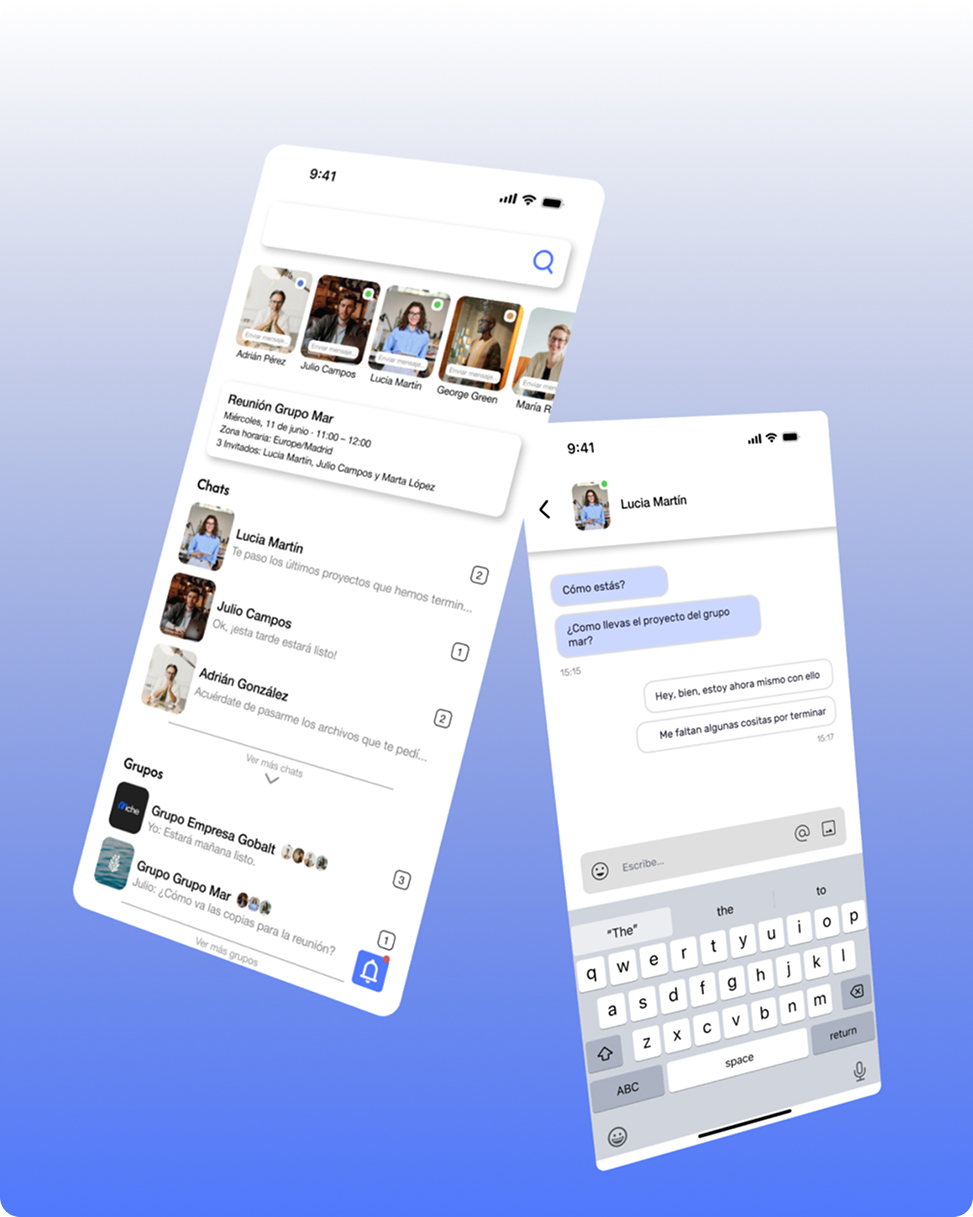 Mockup app de mensajería con chats y grupos